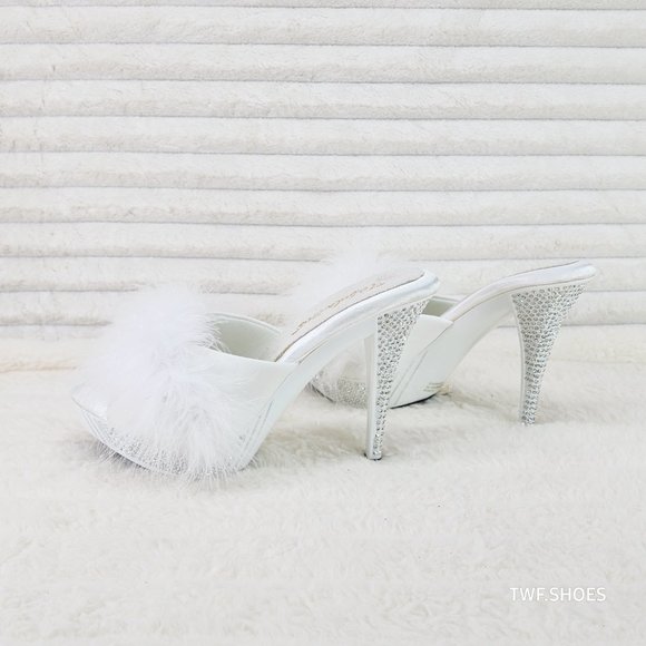 Your Majesty White Marabou Feather Rhinestone Platform Slip On Wedding Slides - Picture 5 of 10